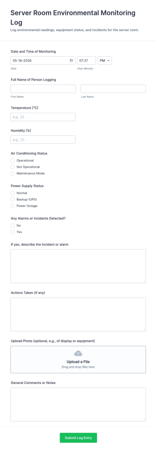 Server Room Environmental Monitoring Log Form Template