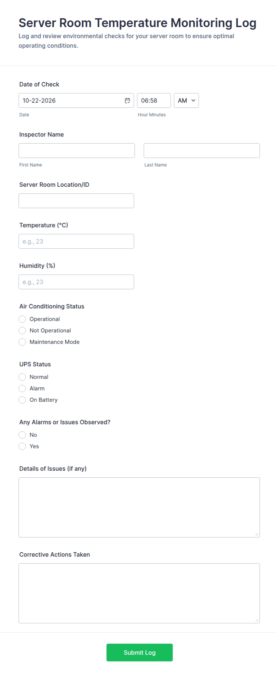 Server Room Temperature Monitoring Log Form Template | Jotform