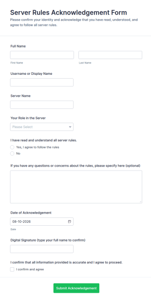 Server Rules Acknowledgement Form Template