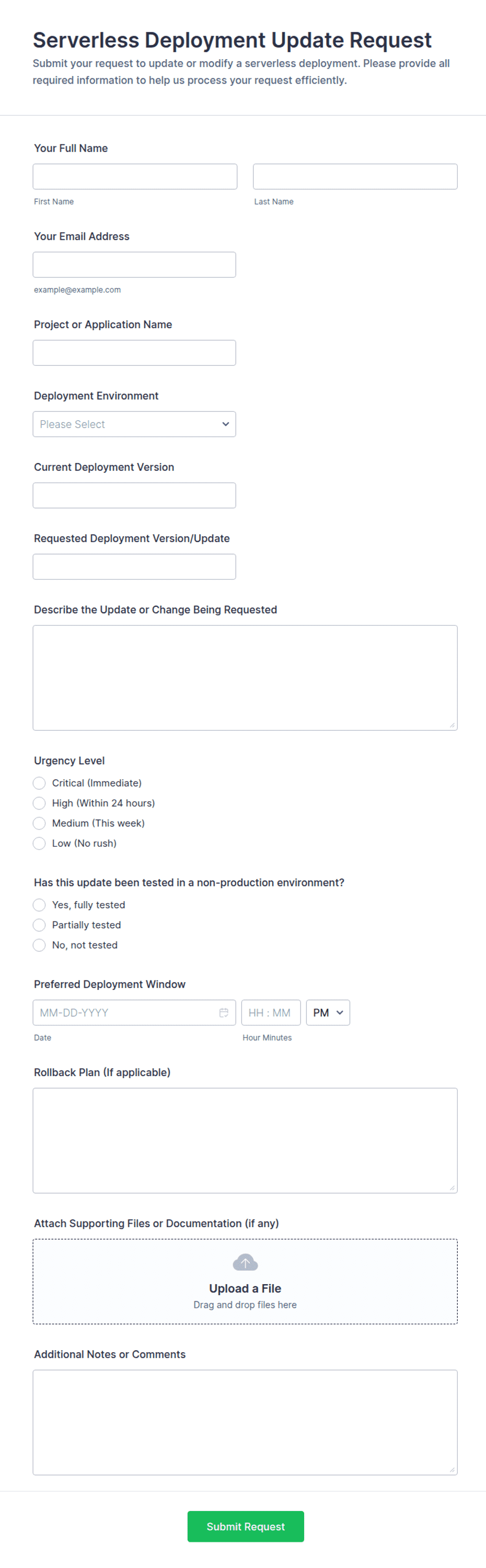 Form Update Request Serverless Deployment Update Request Form Template | Jotform