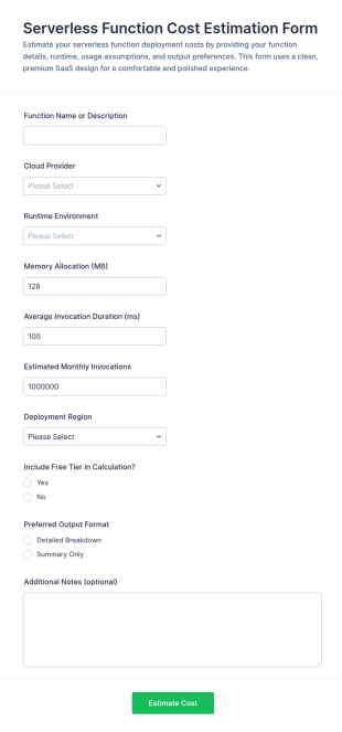 Serverless Function Cost Estimation Form Template
