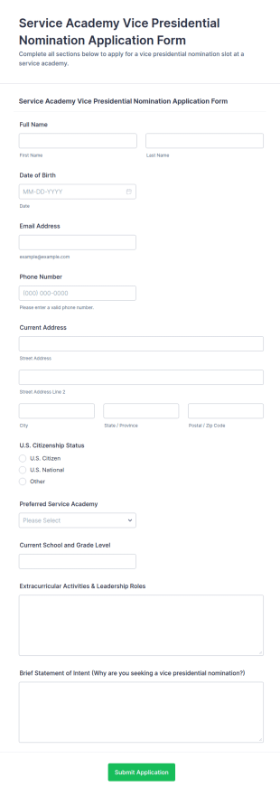 Service Academy Vice Presidential Nomination Application Form Template