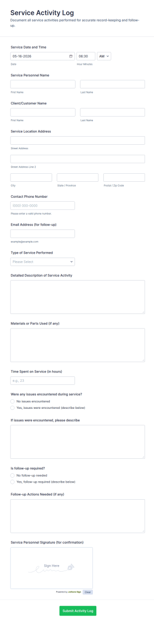 Service Activity Log Form Template