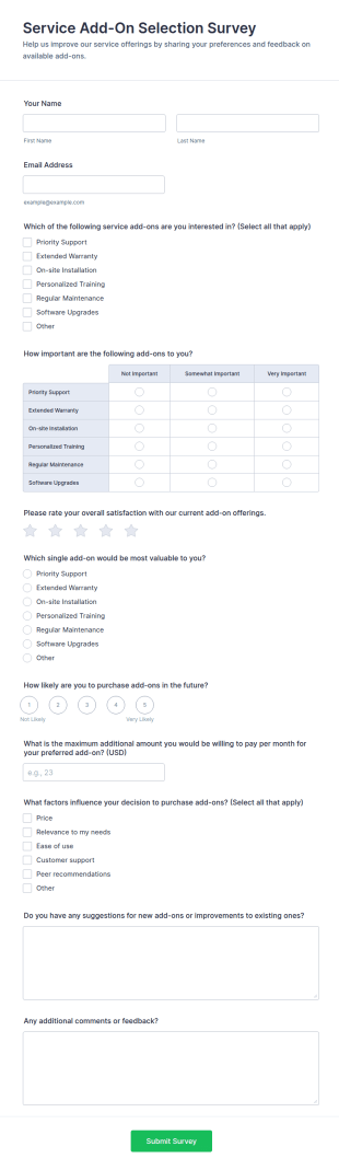 Service Add On Selection Survey Form Template