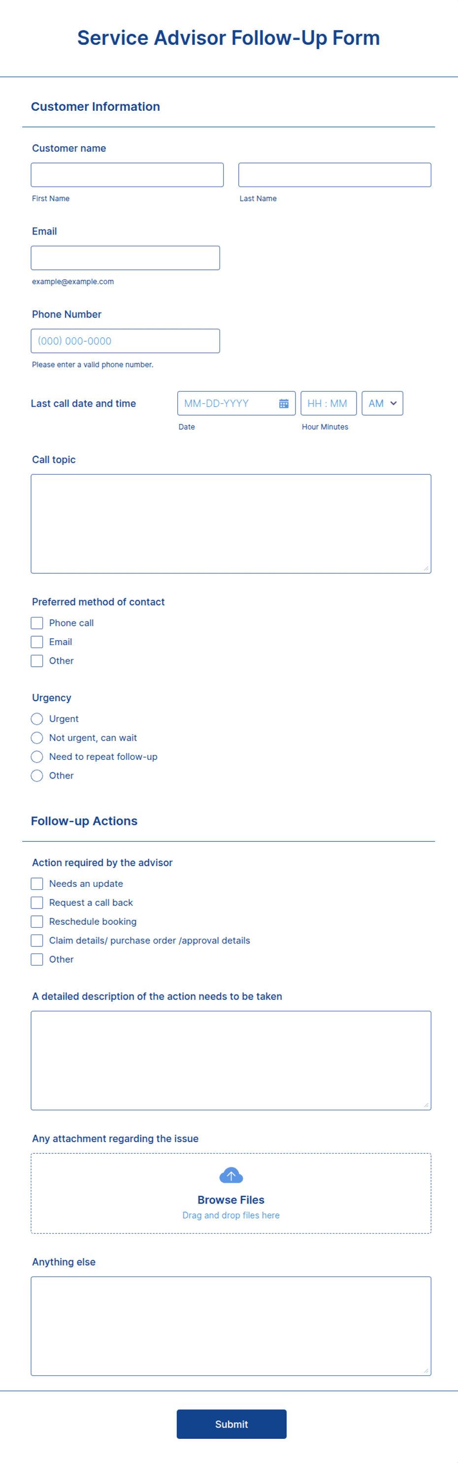Follow Up Form Example Service Advisor Follow-Up Form Template | Jotform