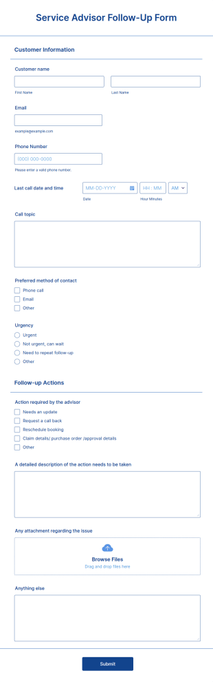 Service Advisor Follow Up Form Template