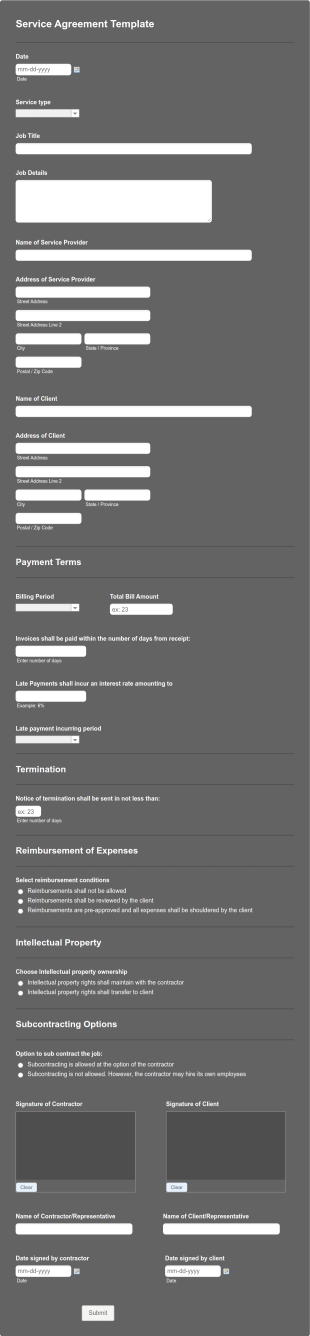 Service Agreement Template Form Template
