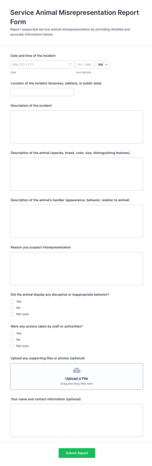 Service Animal Misrepresentation Report Form Template