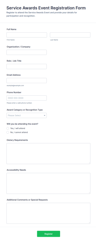 Service Awards Event Registration Form Template