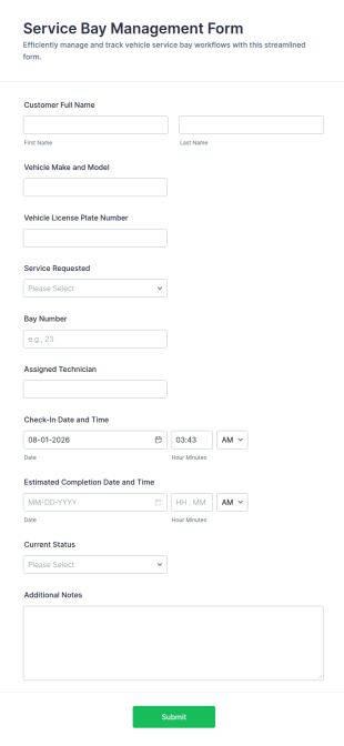 Service Bay Management Form Template