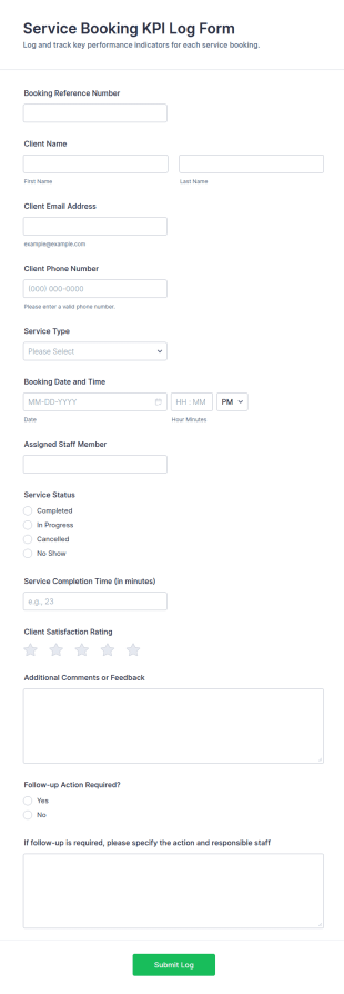 Service Booking KPI Log Form Template