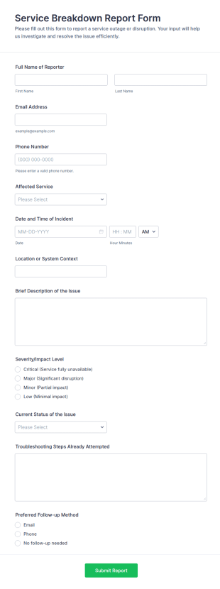 Service Breakdown Report Form Template