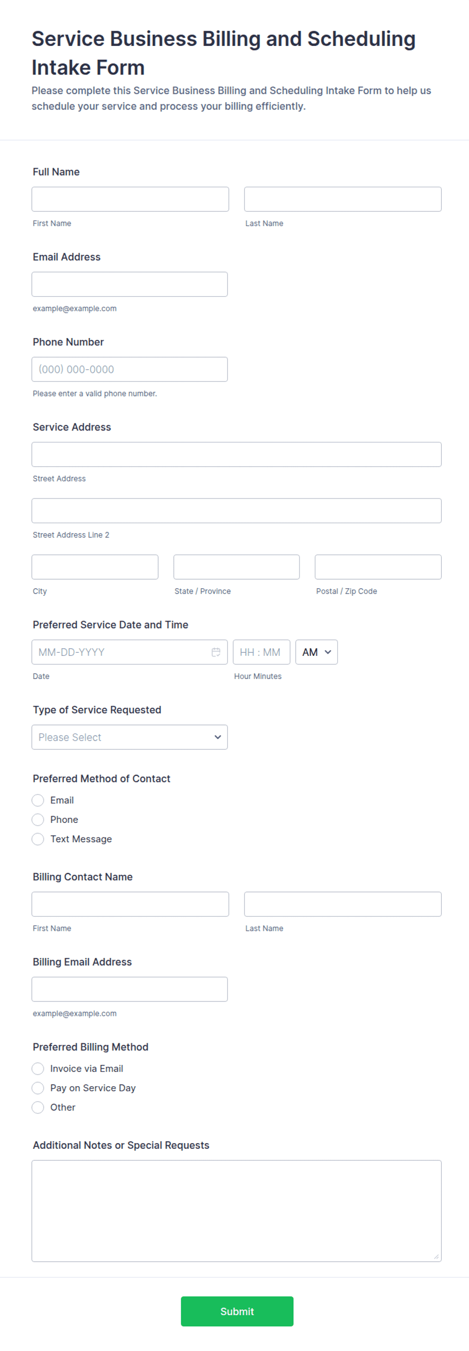 Service Business Billing and Scheduling Intake Form Template | Jotform