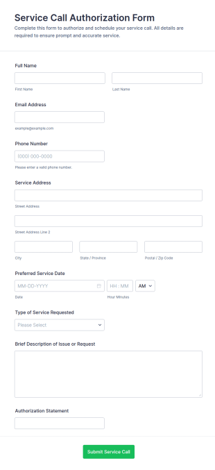 Service Call Authorization Form Template