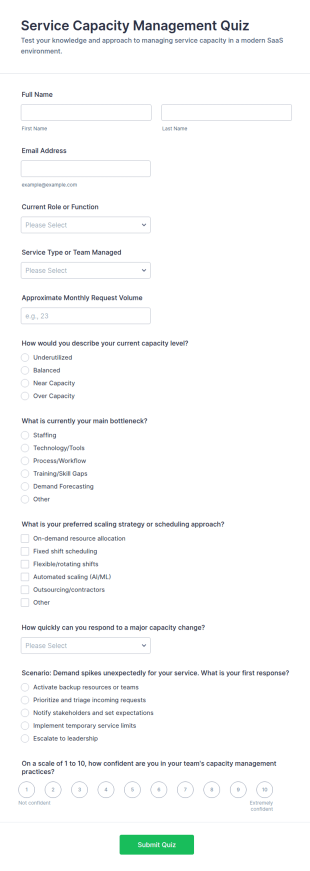 Service Capacity Management Quiz Form Template