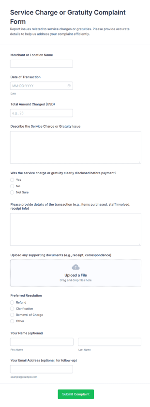 Service Charge Or Gratuity Complaint Form Template