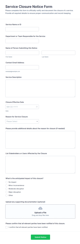 Service Closure Notice Form Template