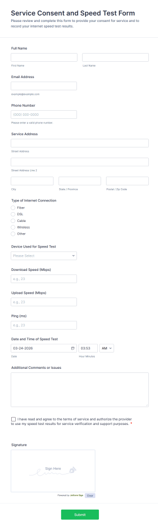 Service Consent And Speed Test Form Template