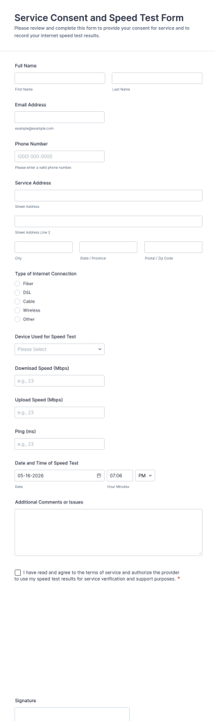 Service Consent And Speed Test Form Template