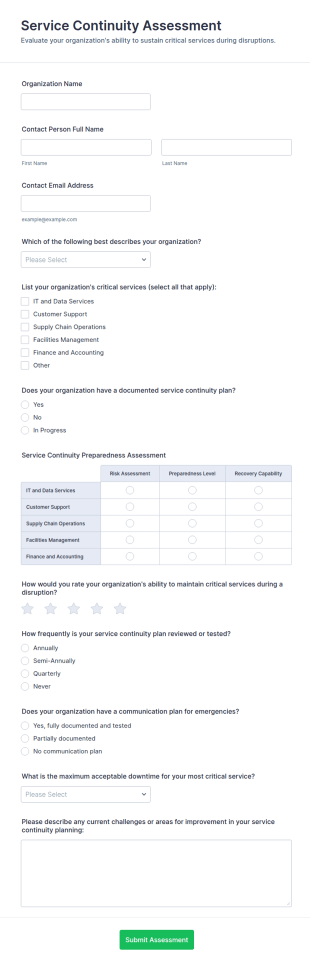 Service Continuity Assessment Form Template