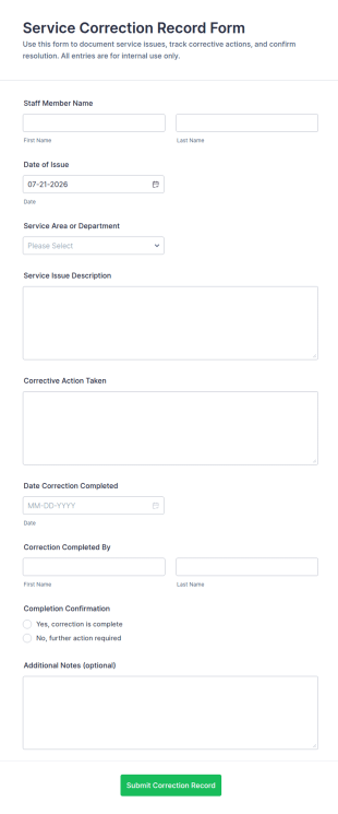 Service Correction Record Form Template