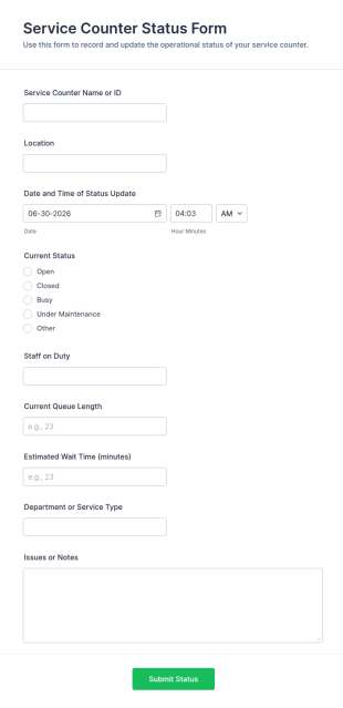 Service Counter Status Form Template