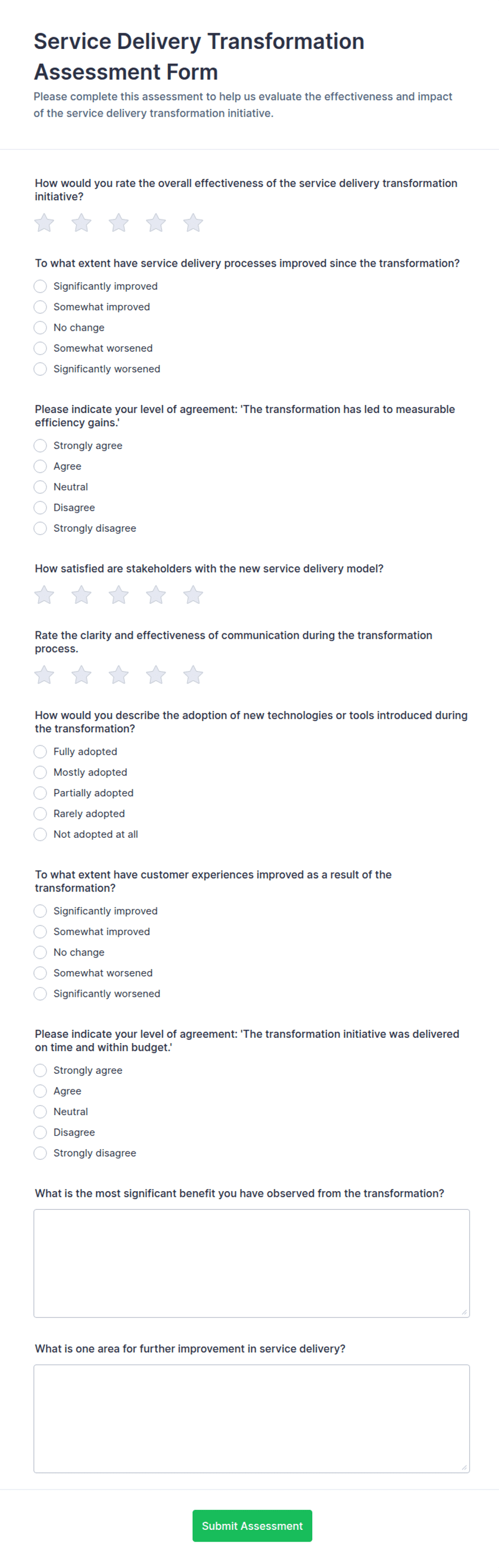 Service Delivery Transformation Assessment Form Template | Jotform