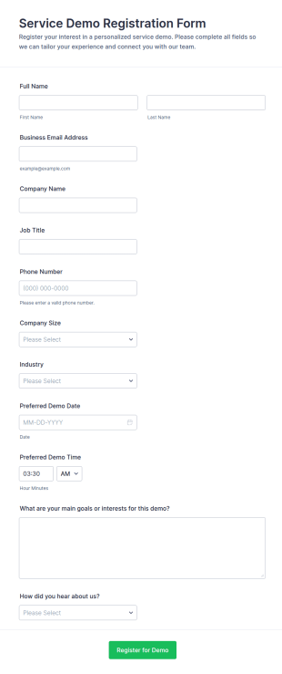 Service Demo Registration Form Template