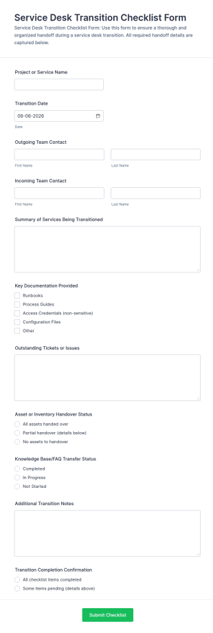 Service Desk Transition Checklist Form Template