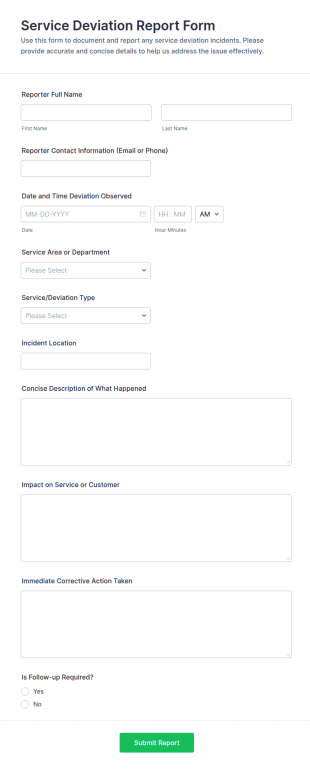 Service Deviation Report Form Template