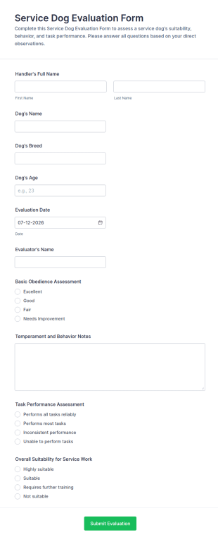 Service Dog Evaluation Form Template