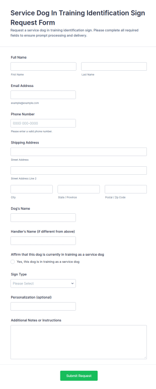 Service Dog In Training Identification Sign Request Form Template