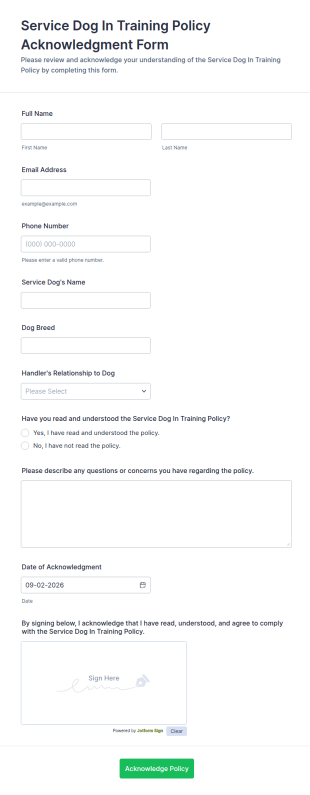 Service Dog In Training Policy Acknowledgment Form Template