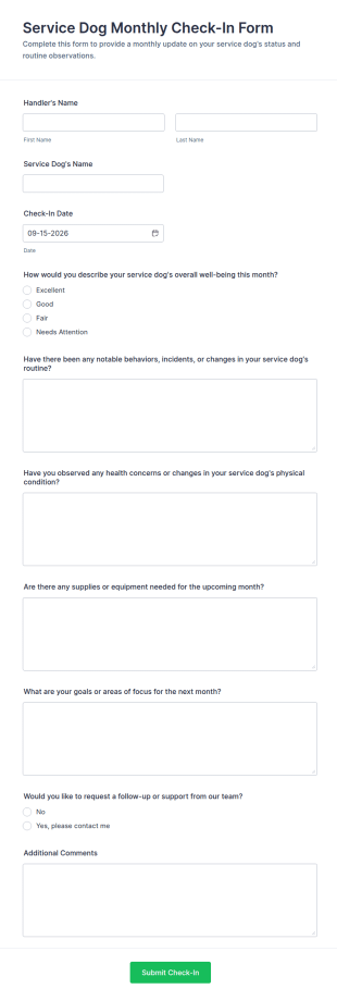 Service Dog Monthly Check In Form Template