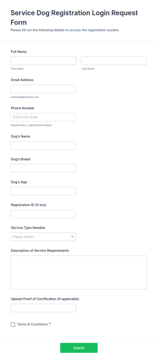 Service Dog Registration Login Request Form Template