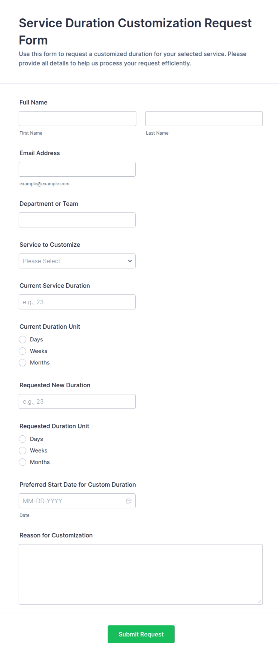 Service Duration Customization Request Form Template | Jotform