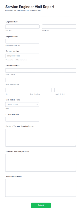 Service Engineer Visit Report Form Template