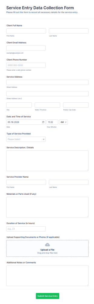 Service Entry Data Collection Form Template
