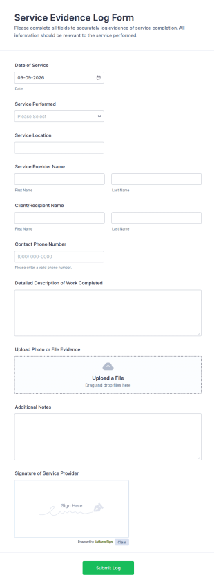 Service Evidence Log Form Template