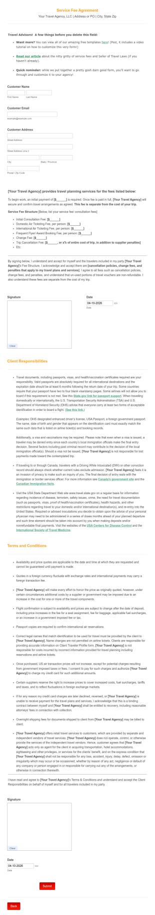 Service Fee Agreement Template