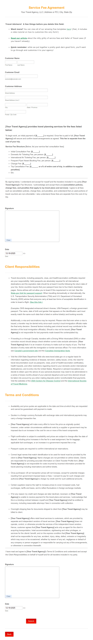 Service Fee Agreement Template Form Template