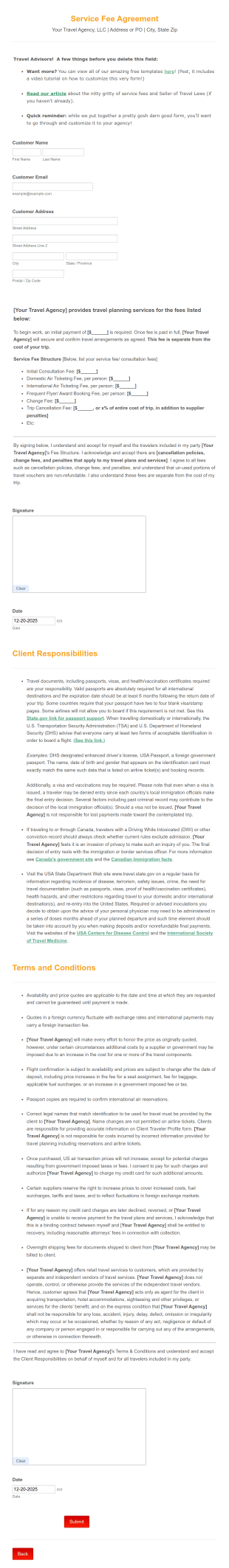 Service Fee Agreement Template Form Template
