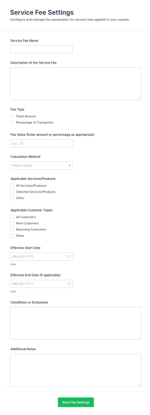 Service Fee Settings Form Template