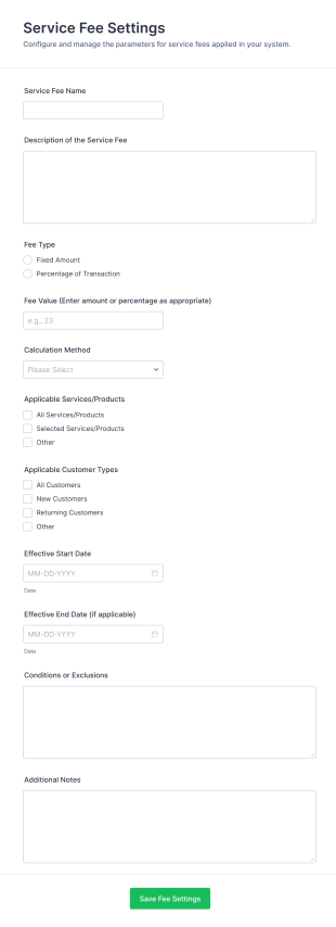 Service Fee Settings Form Template
