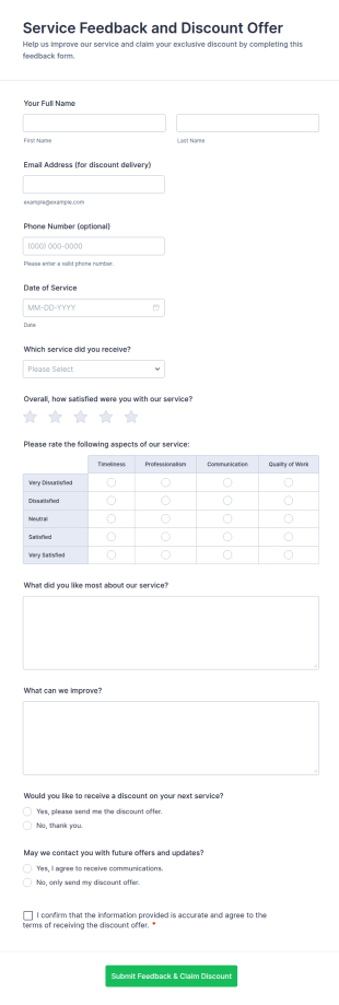 Service Feedback And Discount Offer Form Template