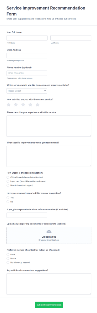 Service Improvement Recommendation Form Template