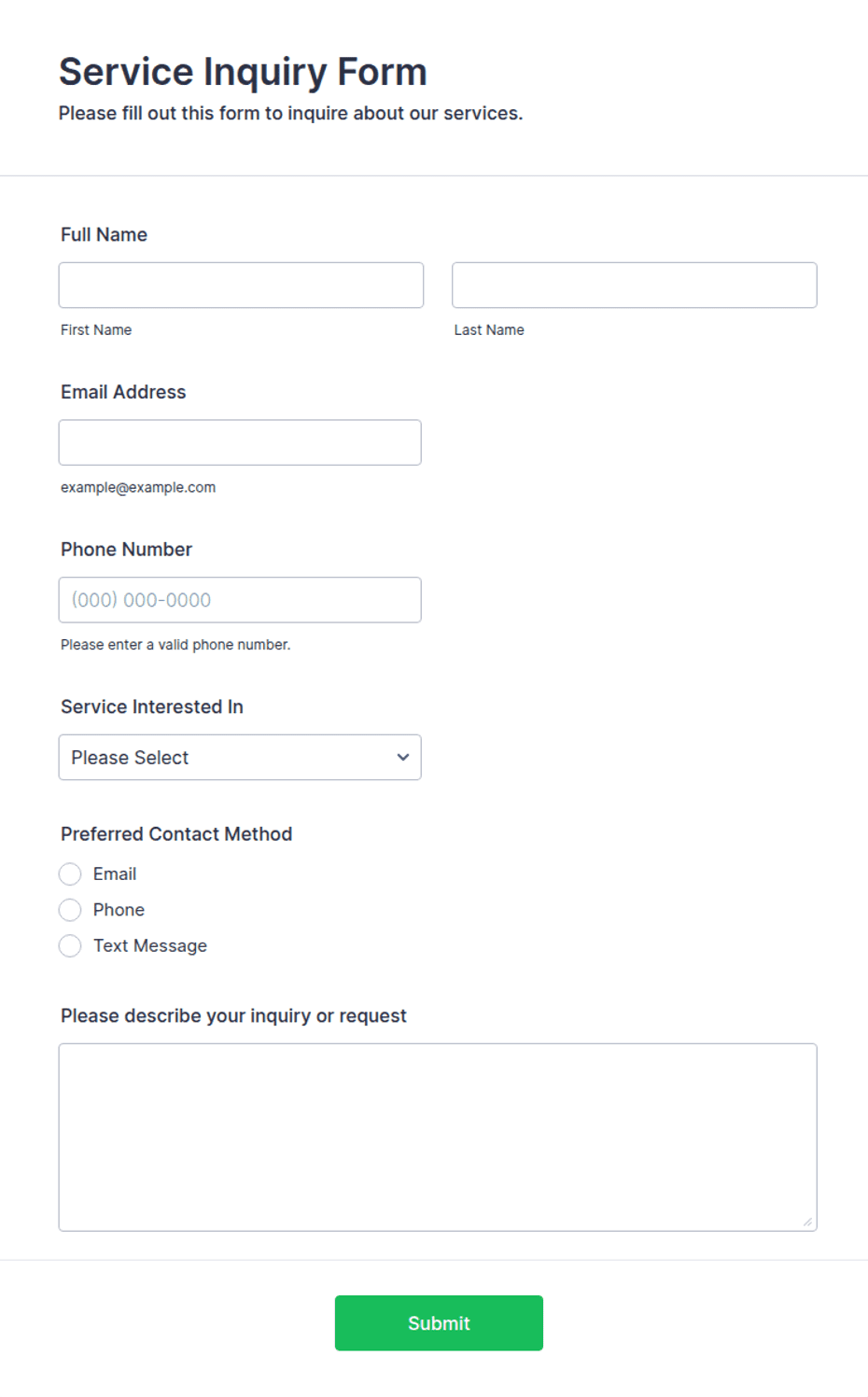 Website Inquiry Form Sample Service Inquiry Form Template | Jotform
