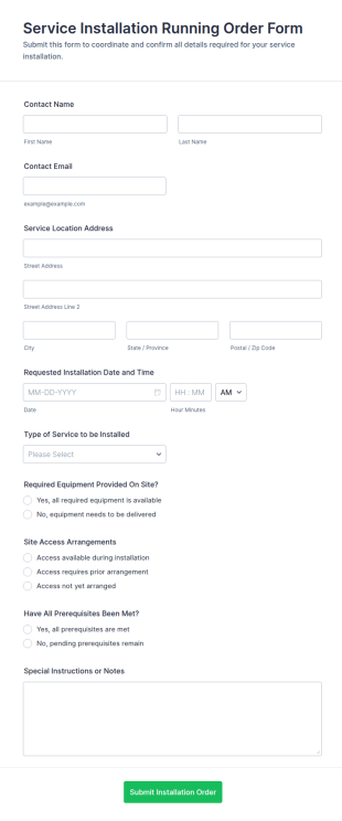 Service Installation Running Order Form Template