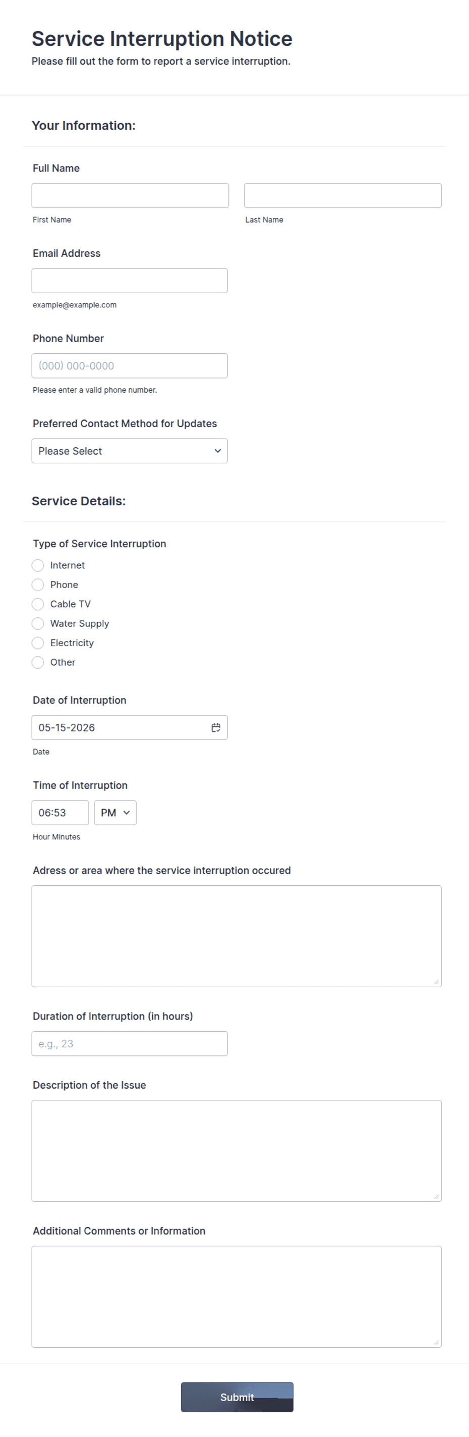 Service Interruption Notification Examples Service Interruption Notice Form Template | Jotform