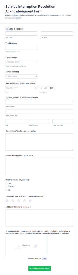 Service Interruption Resolution Acknowledgment Form Template